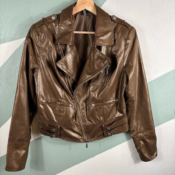 Bisou Bisou Women's Size Small Vegan Faux Leather Brown Metallic Moto Jacket - Picture 8 of 9